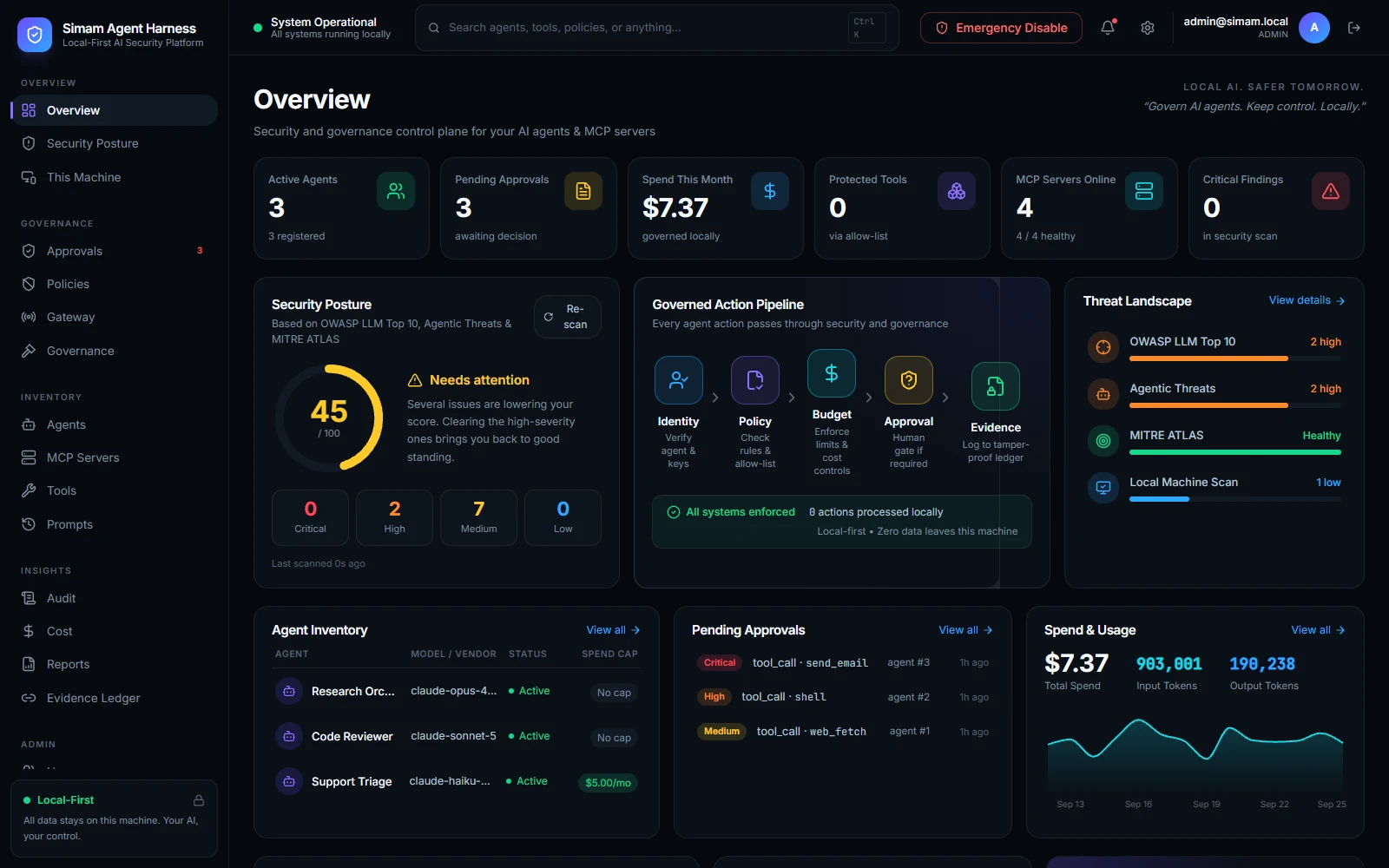 Simam console overview: security posture score, governance pipeline, pending approvals and evidence ledger
